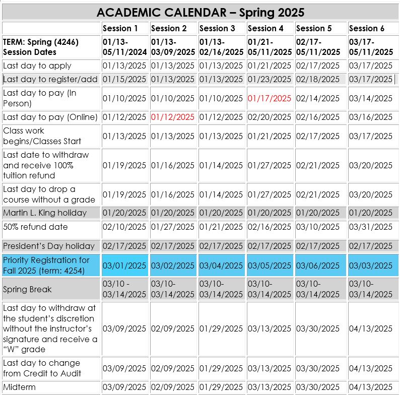 Spring 2025 Academic Calendar