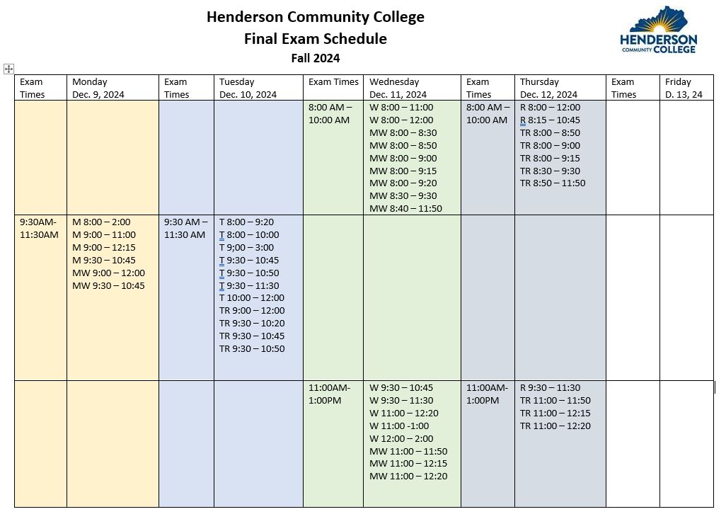 graph image of fall finals schedule