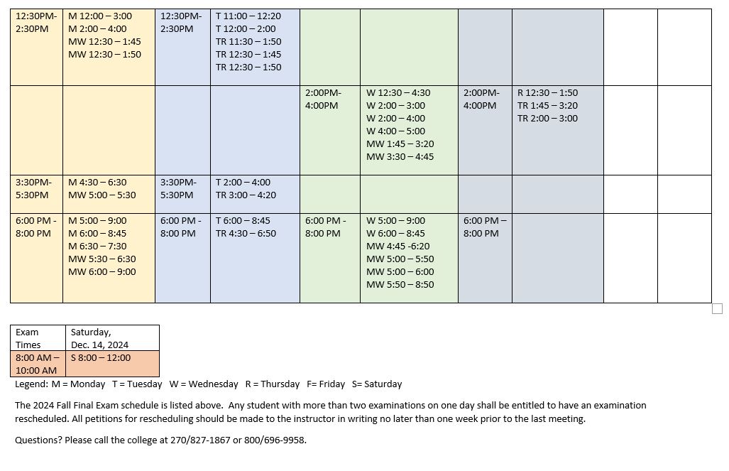 graph image of fall finals schedule